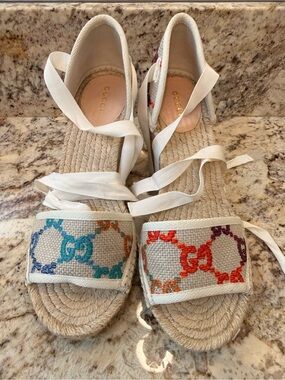 Gucci GG Canvas Espadrille Wedge Sandals Lace Up Multicolor Platform